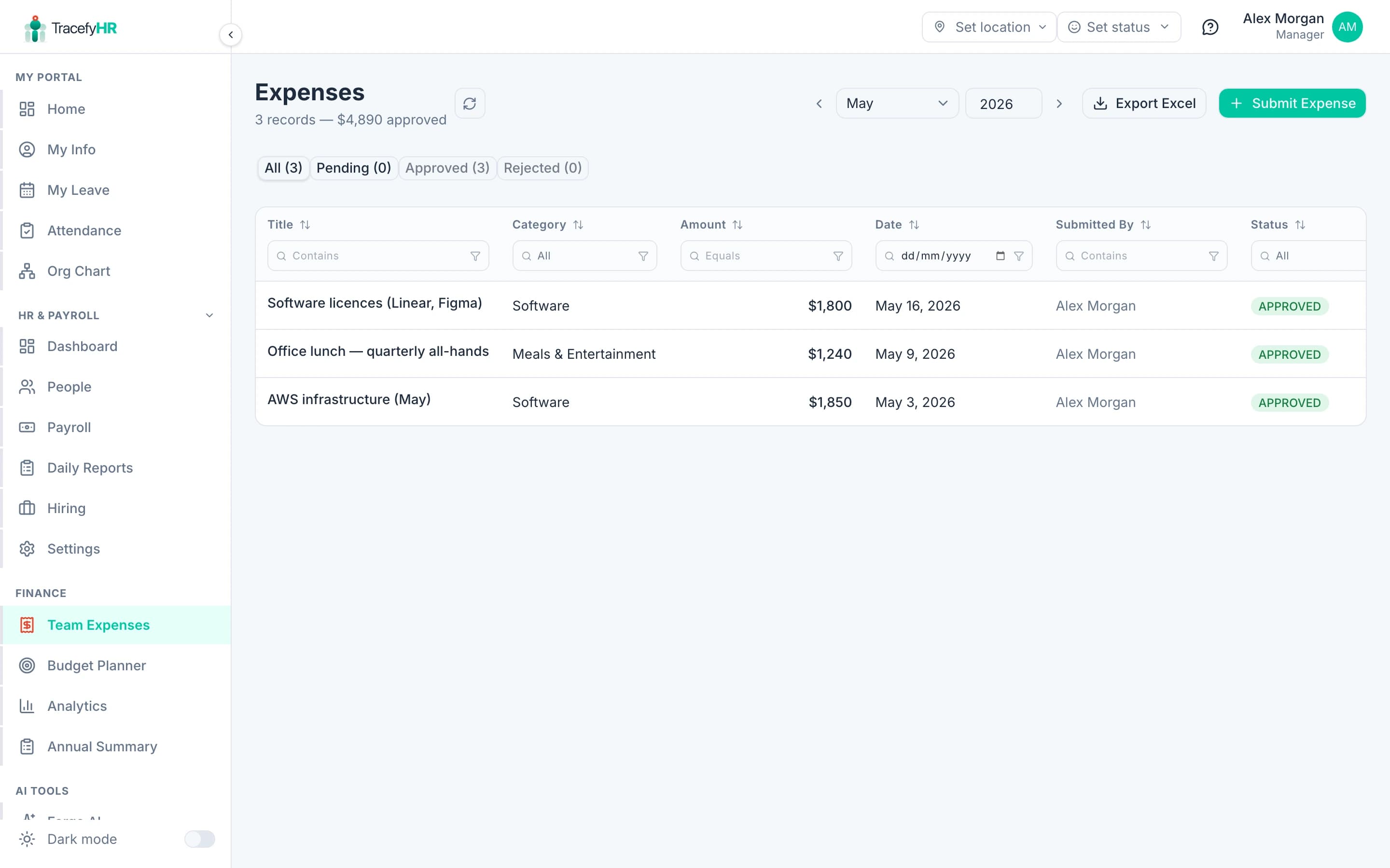 The expenses page with categories, amounts, and approval status