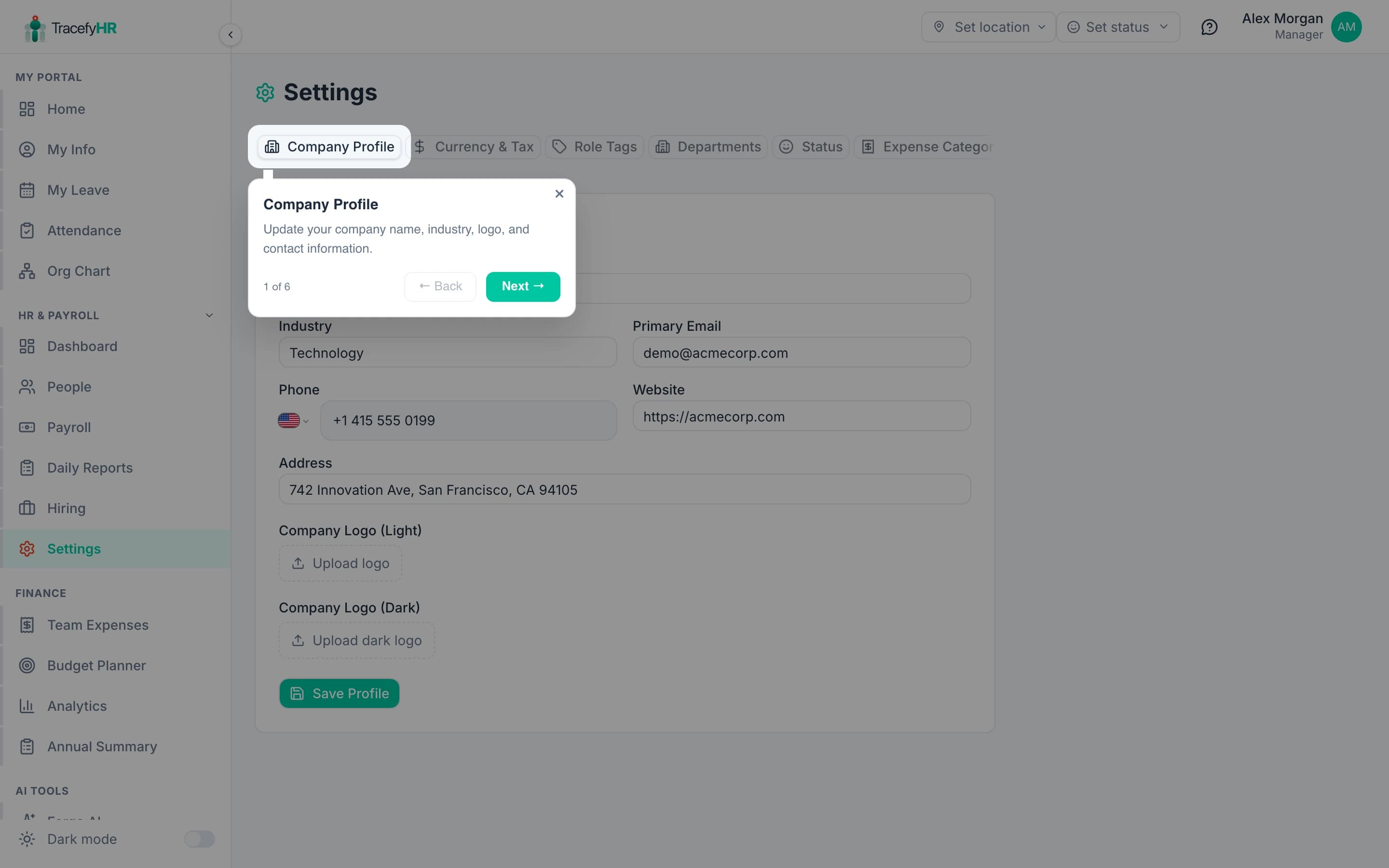 The Settings page with tabs across the top