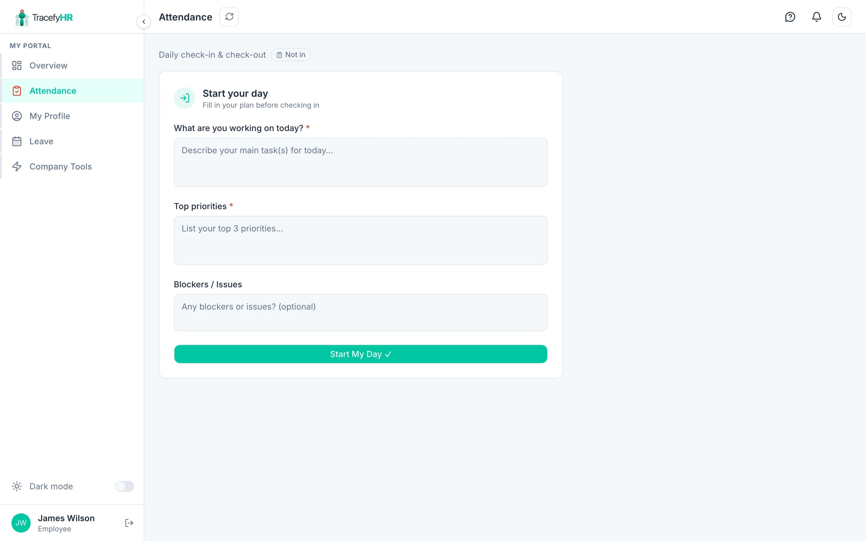 The check-in form with Work Plan, Top Priorities, and Blockers fields