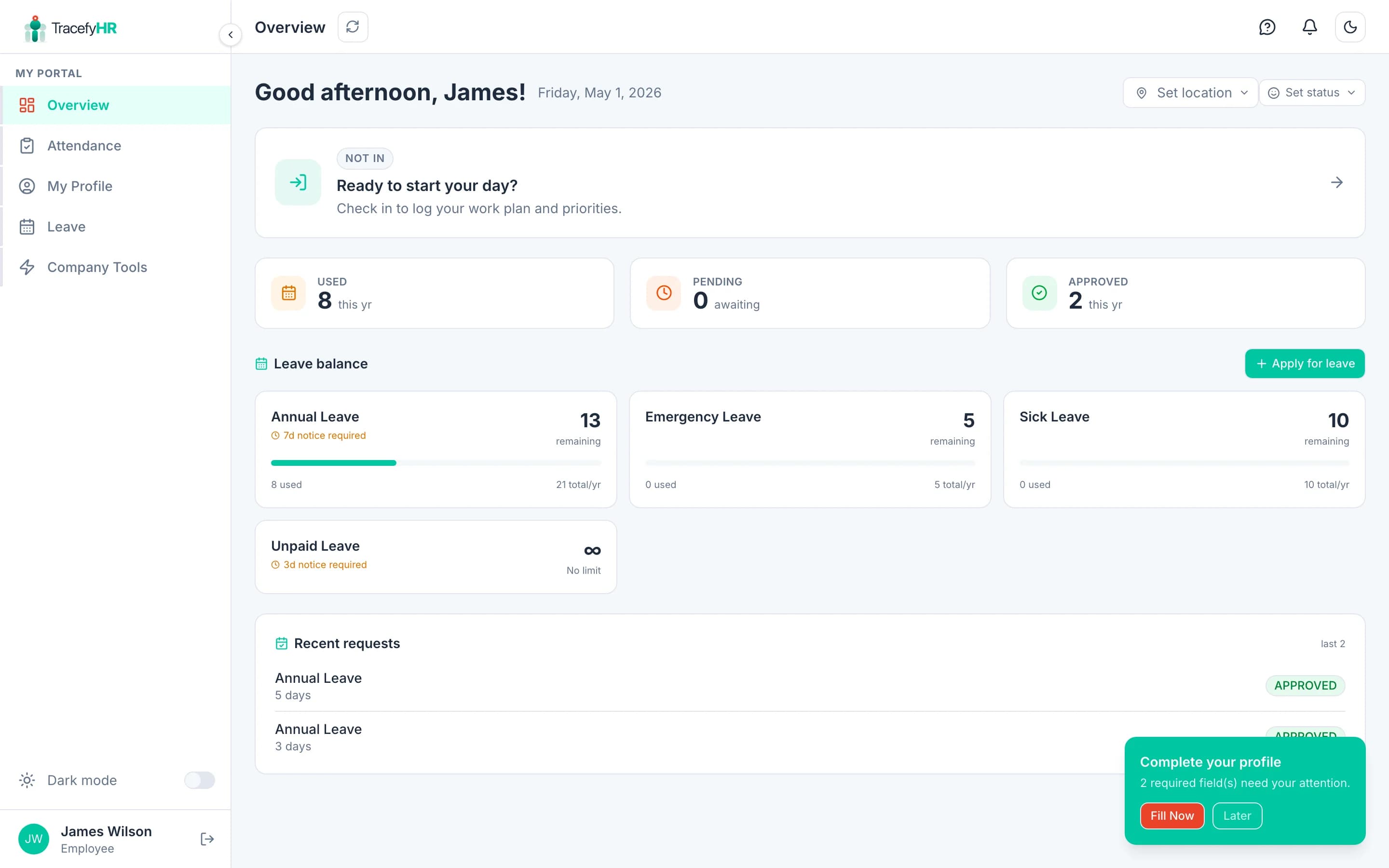 The unified portal home for an employee — My Attendance card, My Time Off card, recent activity, and notifications