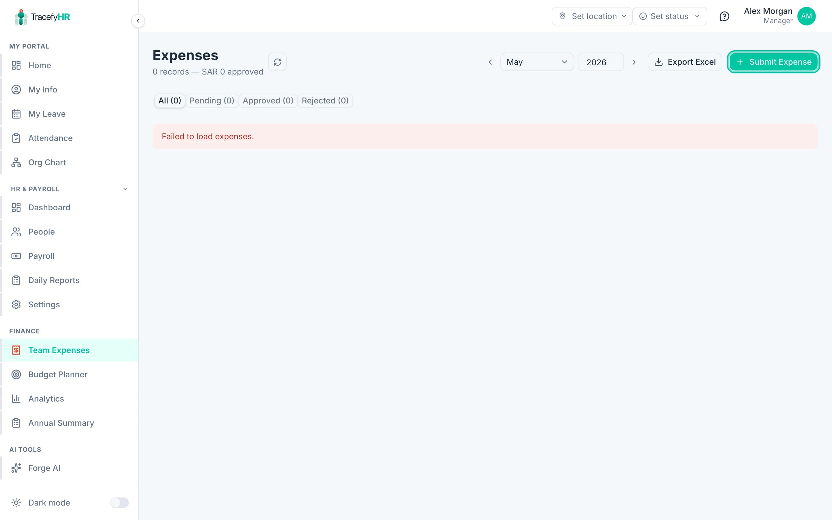 The Add Expense form with fields for title, amount, date, category, employee, and a receipt upload