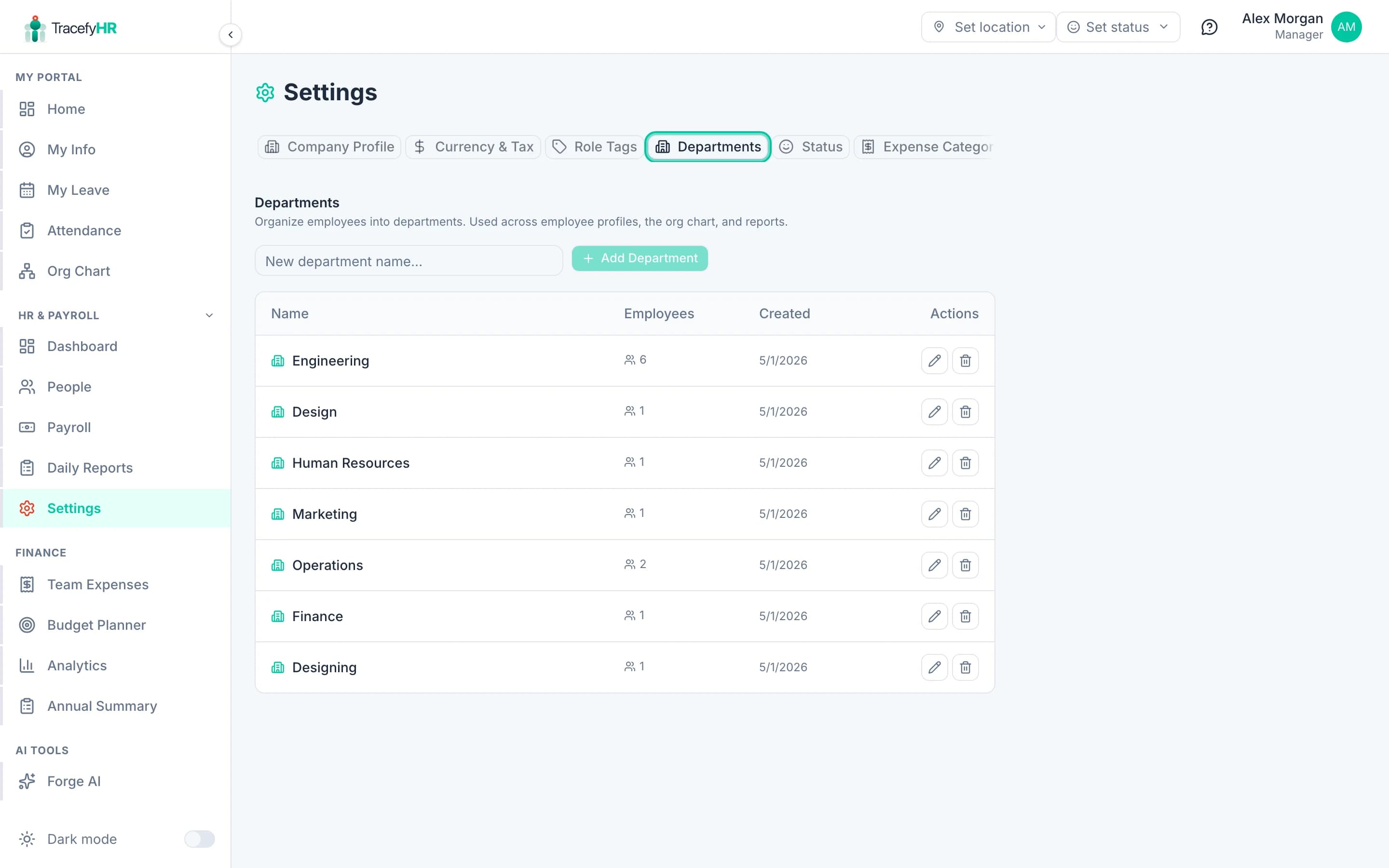 The Departments tab with a list of existing departments and an add-new form