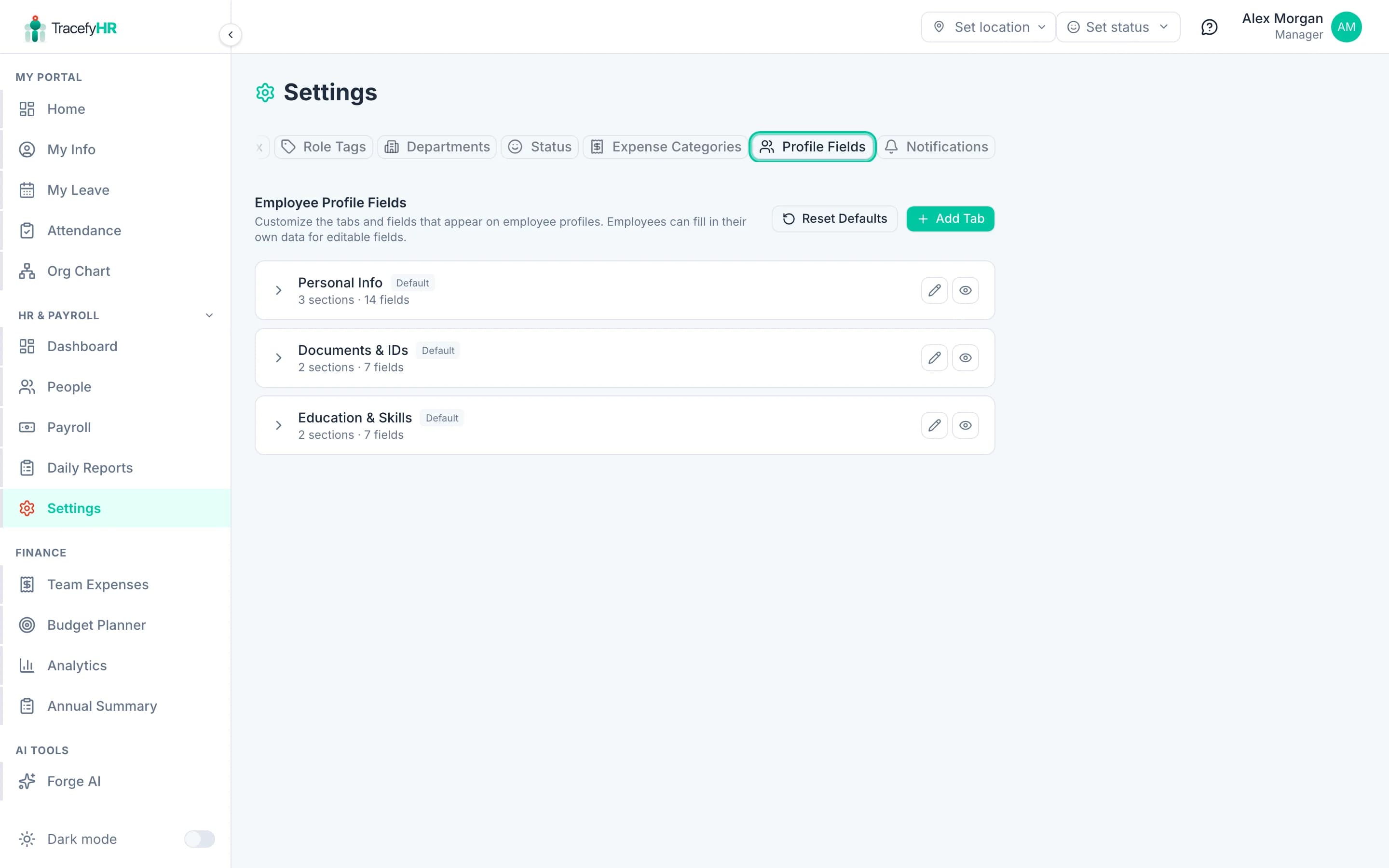 The Profile Fields tab with sections and fields configurable for the employee profile